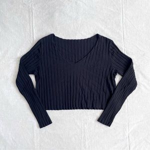 Shien Rib Knit V-Neck Long Sleeve Crop Top - L